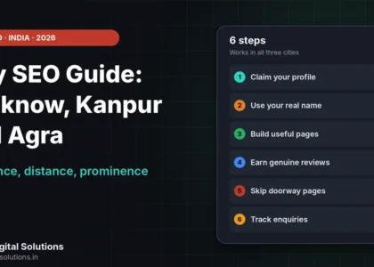 City SEO guide for Lucknow, Kanpur and Agra showing relevance, distance and prominence and a six-step local plan