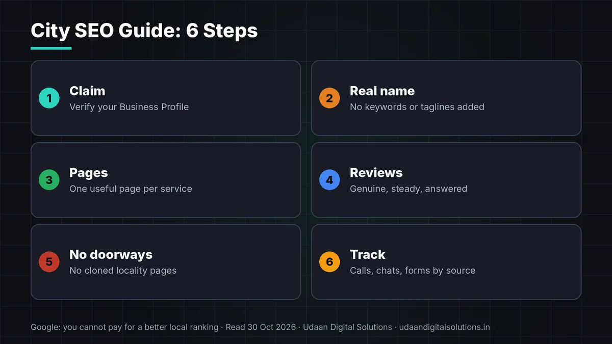City SEO guide for Lucknow Kanpur and Agra showing a local ranking model and a six-step plan