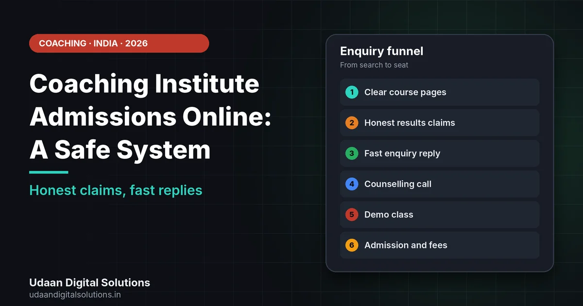 Coaching institute admissions online shown as a five-stage enquiry system from finding the institute to enrolment