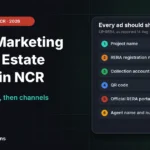 Digital marketing for real estate agents in Delhi NCR shown as six channels with RERA checks for each