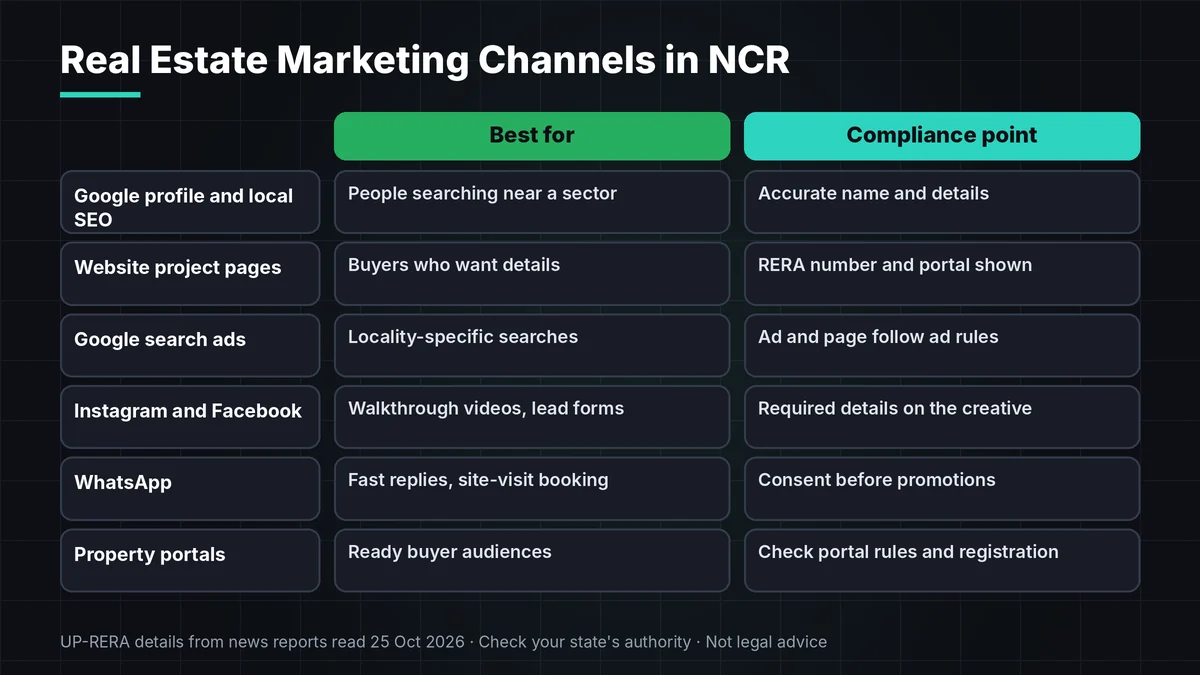 Digital marketing for real estate agents in Delhi NCR: UP-RERA ad checklist and the channels to start with