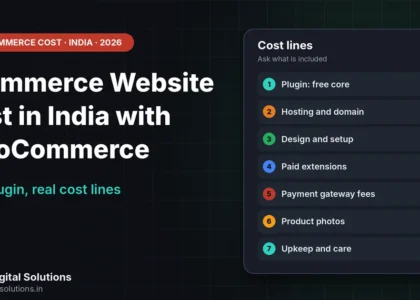 Ecommerce website cost in India with WooCommerce shown as a list of cost lines from hosting to payment gateway fees