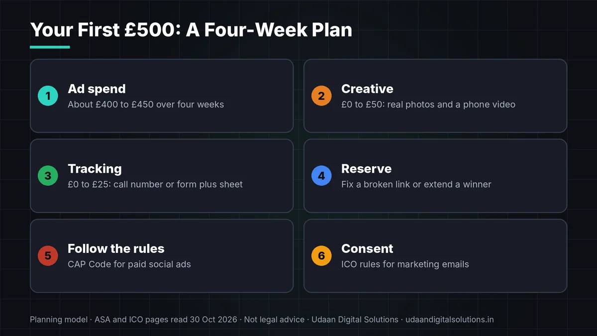 Facebook ads for UK local businesses: a first £500 plan across four weeks with spend, creative and tracking
