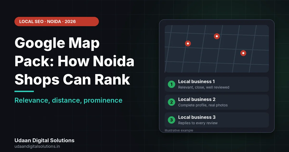 Google map pack for Noida shops shown as a map with business pins, star ratings and a short list of local results