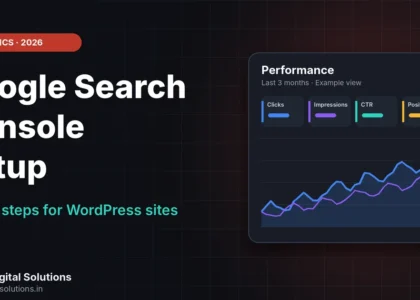 Google Search Console setup for WordPress shown as a performance dashboard with clicks, impressions, CTR and position