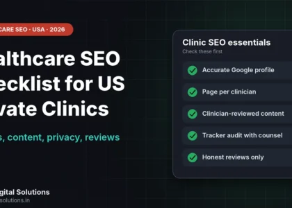 Healthcare SEO checklist for US private clinics shown as eight items from local listing to reviews