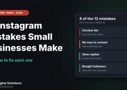 Instagram mistakes small businesses make shown as a twelve-point checklist with a fix for each one