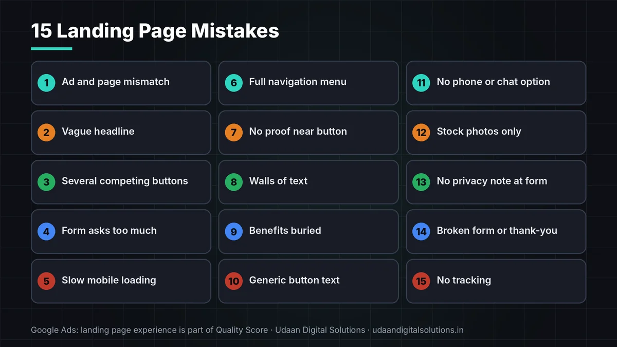 Fifteen landing page mistakes killing leads grouped by message match, form, trust and tracking