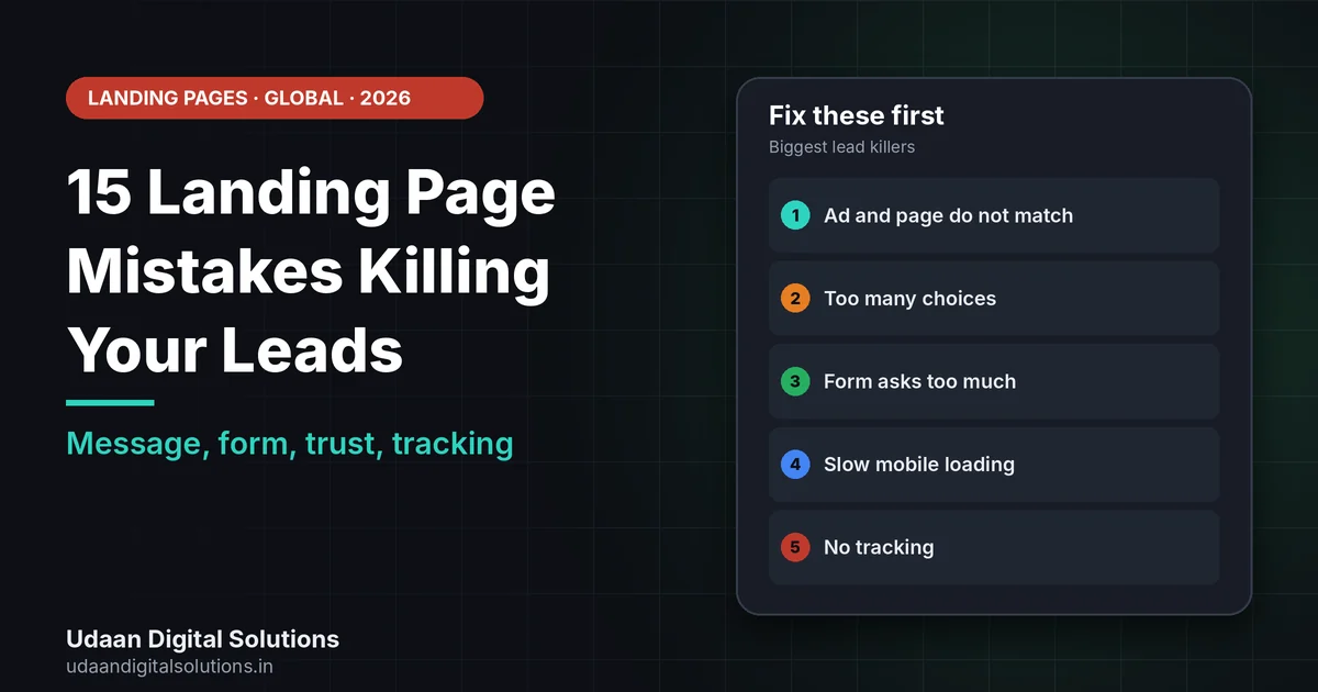 Fifteen landing page mistakes killing leads grouped by message, form, trust and tracking with a fix for each