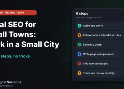 Local SEO for small towns shown as a six-step plan built on relevance, distance and prominence