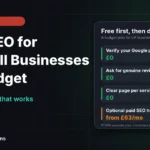 Local SEO for UK small businesses on a budget shown as a map pin with a pound sign and a checklist of free first steps