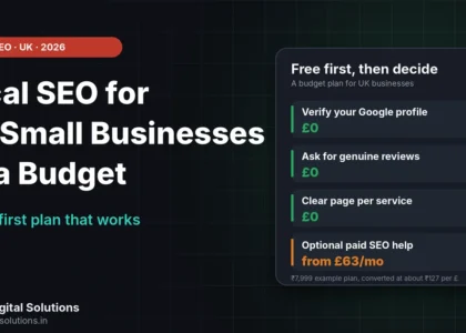 Local SEO for UK small businesses on a budget shown as a map pin with a pound sign and a checklist of free first steps