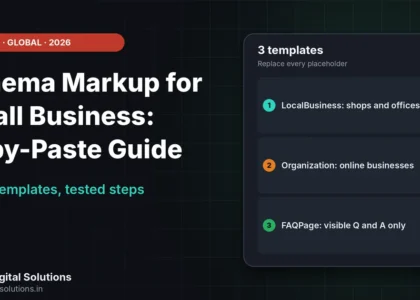 Schema markup for small business sites showing three copy-paste JSON-LD templates and a test step