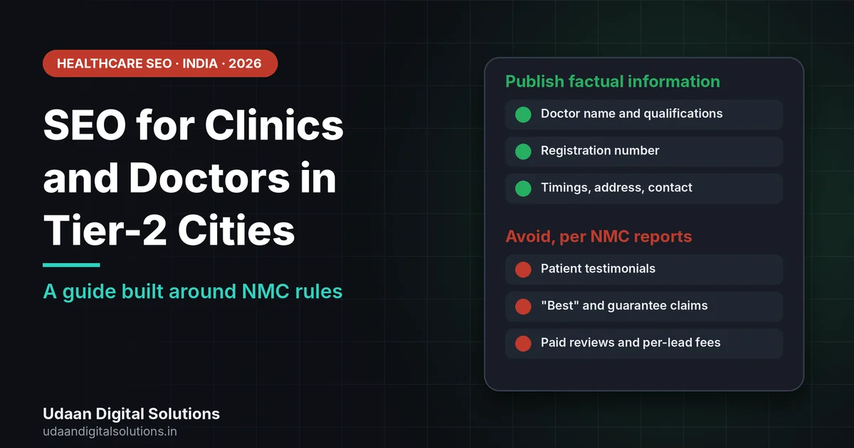 SEO for clinics and doctors in tier-2 cities shown as a safe checklist with what to publish and what to avoid