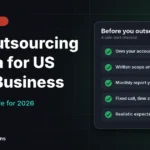 SEO outsourcing to India for US small businesses shown as a checklist of access, scope, reporting and communication