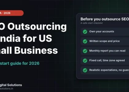 SEO outsourcing to India for US small businesses shown as a checklist of access, scope, reporting and communication