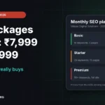 SEO packages in India compared at three monthly prices, from 10 keywords at 7,999 rupees to 50 plus keywords at 24,999 rupees