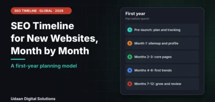 SEO timeline for new websites shown month by month from pre-launch planning to month twelve