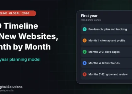 SEO timeline for new websites shown month by month from pre-launch planning to month twelve