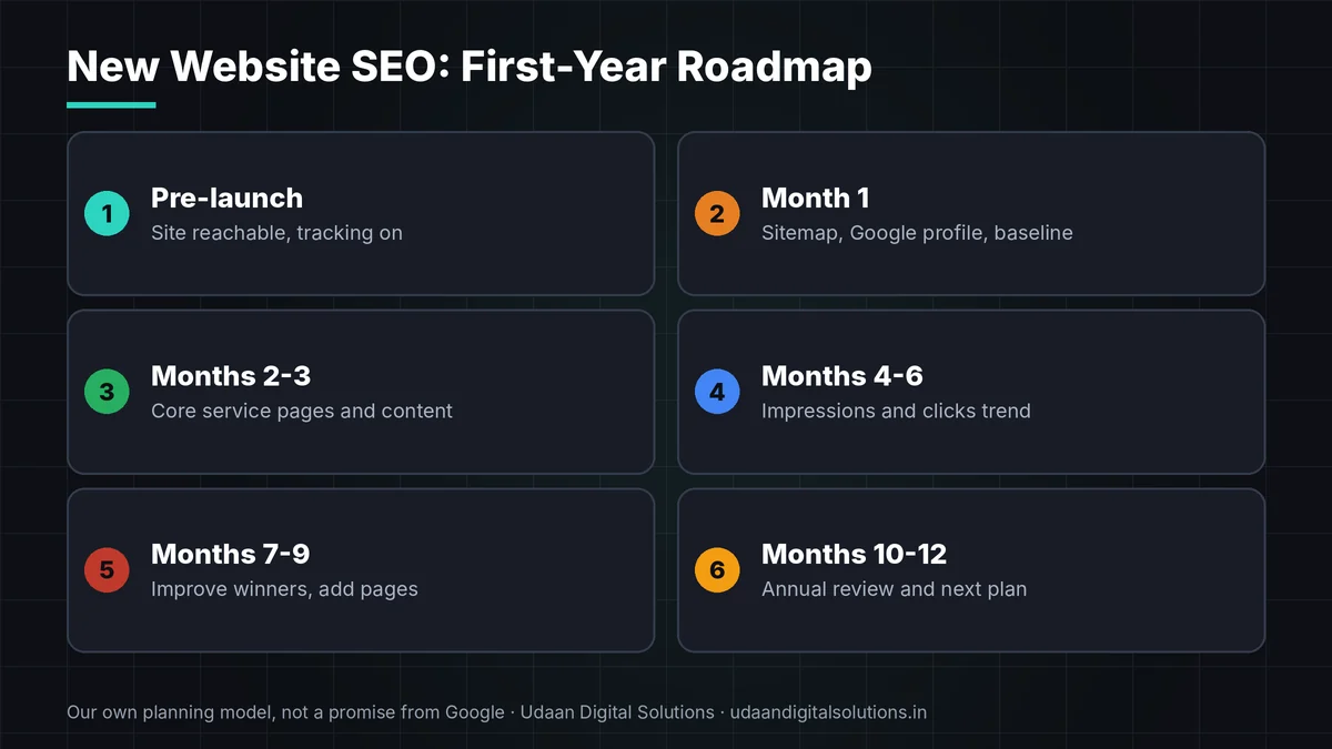 SEO timeline for new websites month by month with the first-year roadmap and what to track