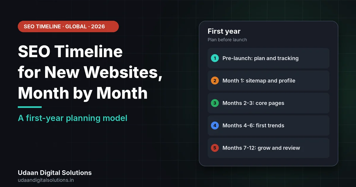 SEO timeline for new websites shown month by month from pre-launch planning to month twelve