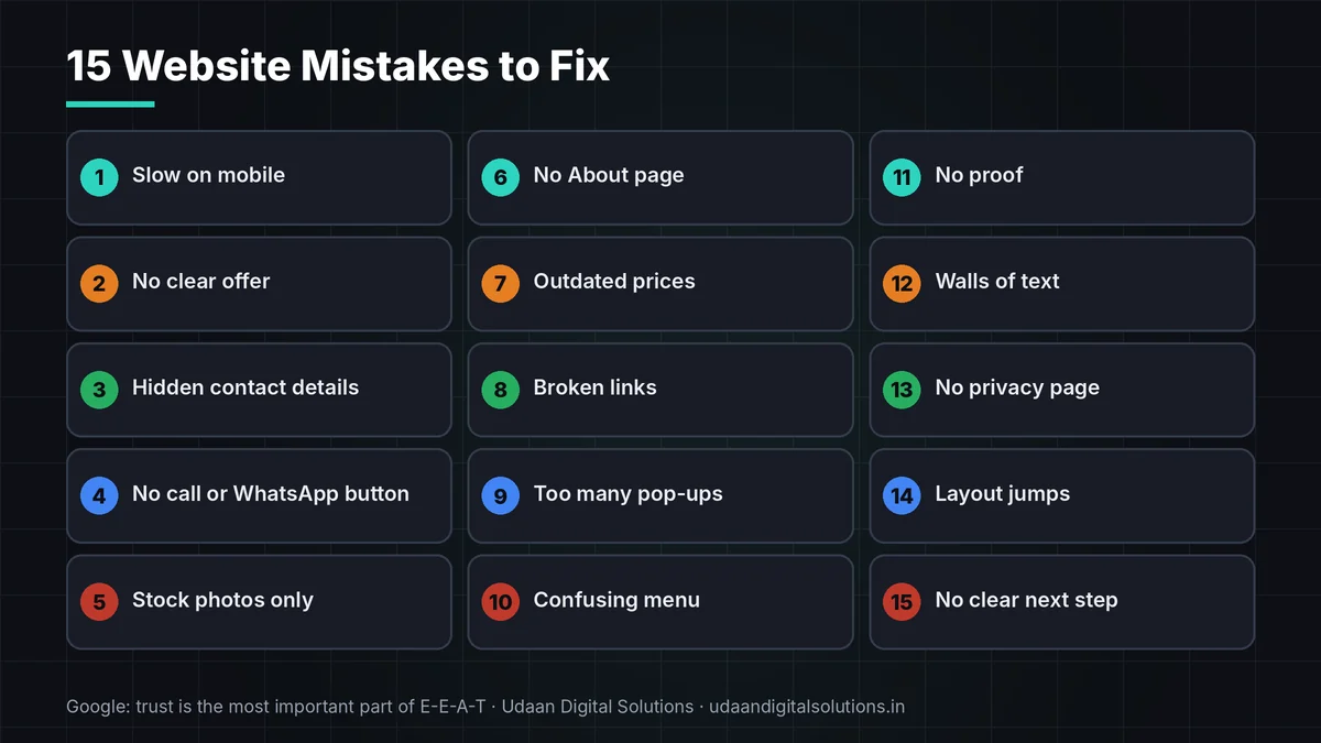 Fifteen website mistakes that scare customers away grouped into speed, trust and clarity with fixes