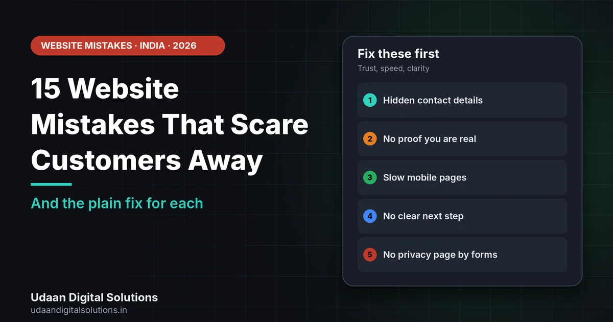 Fifteen website mistakes that scare customers away from small Indian business websites, grouped by speed, trust and clarity
