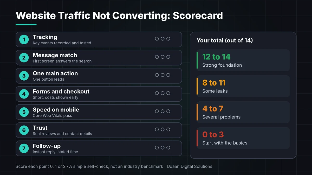 Infographic scorecard for website traffic not converting listing seven checks, each scored 0 to 2, for a total out of 14