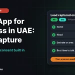 WhatsApp for business in UAE shown as a bilingual Arabic and English chat that captures a lead's name, need and area