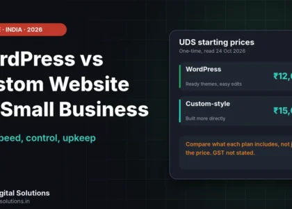 WordPress vs custom website for a small business in India shown as two options with cost and fit compared