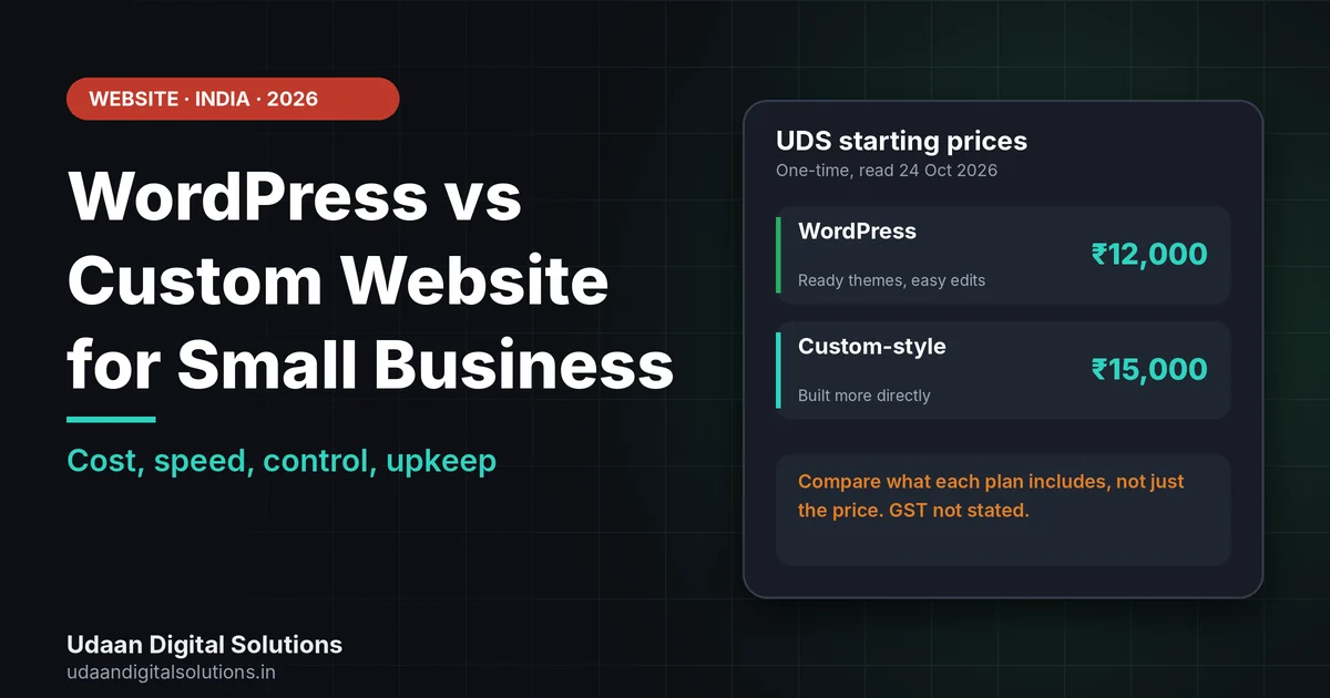 WordPress vs custom website for a small business in India shown as two options with cost and fit compared